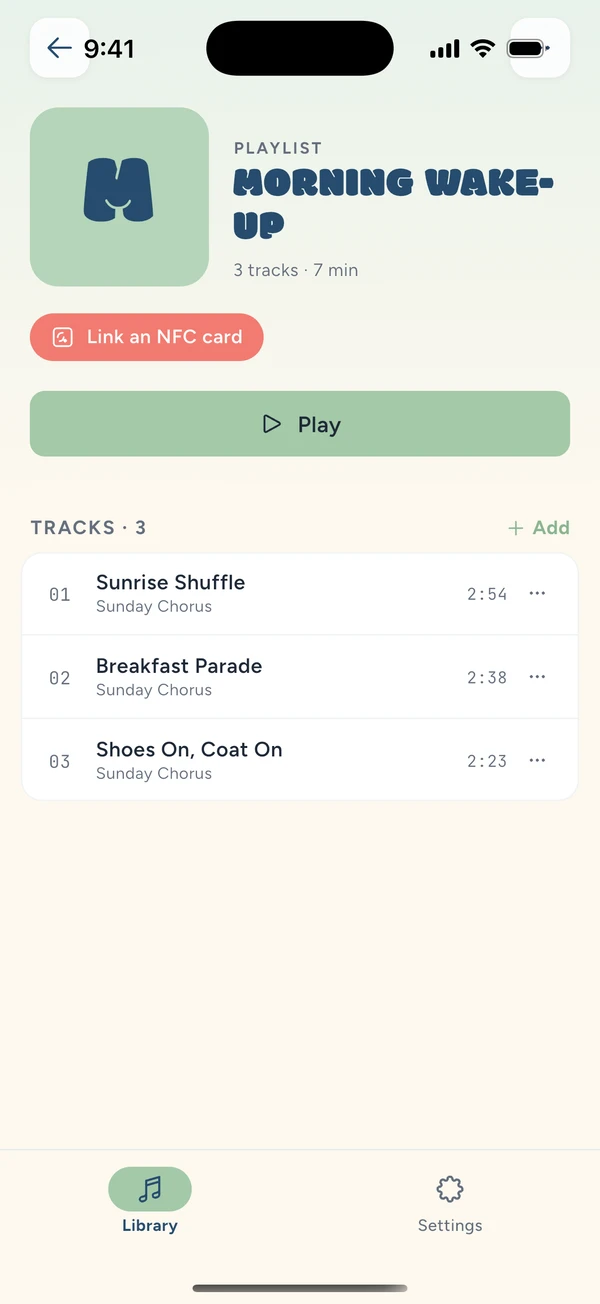 A playlist with no card linked, showing the Link an NFC card pill under the title.