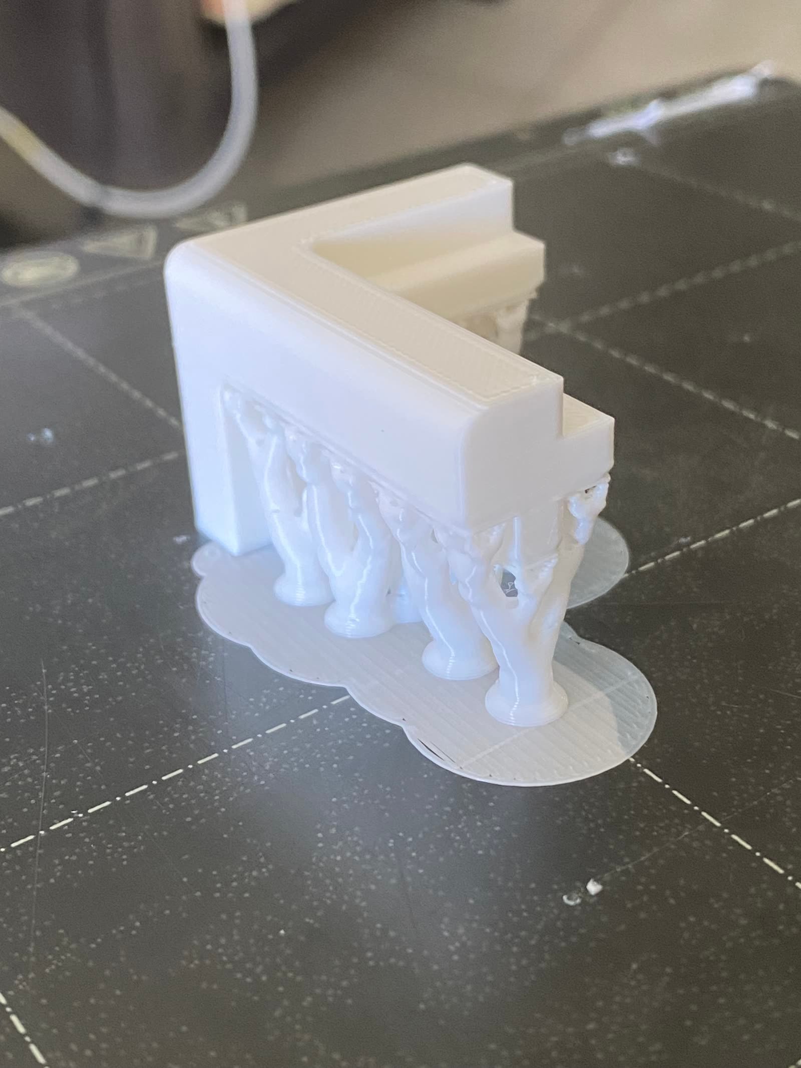 The critical part of the case being printed, sitting on its support tree. This is where the long bridges and clean removal are decided.