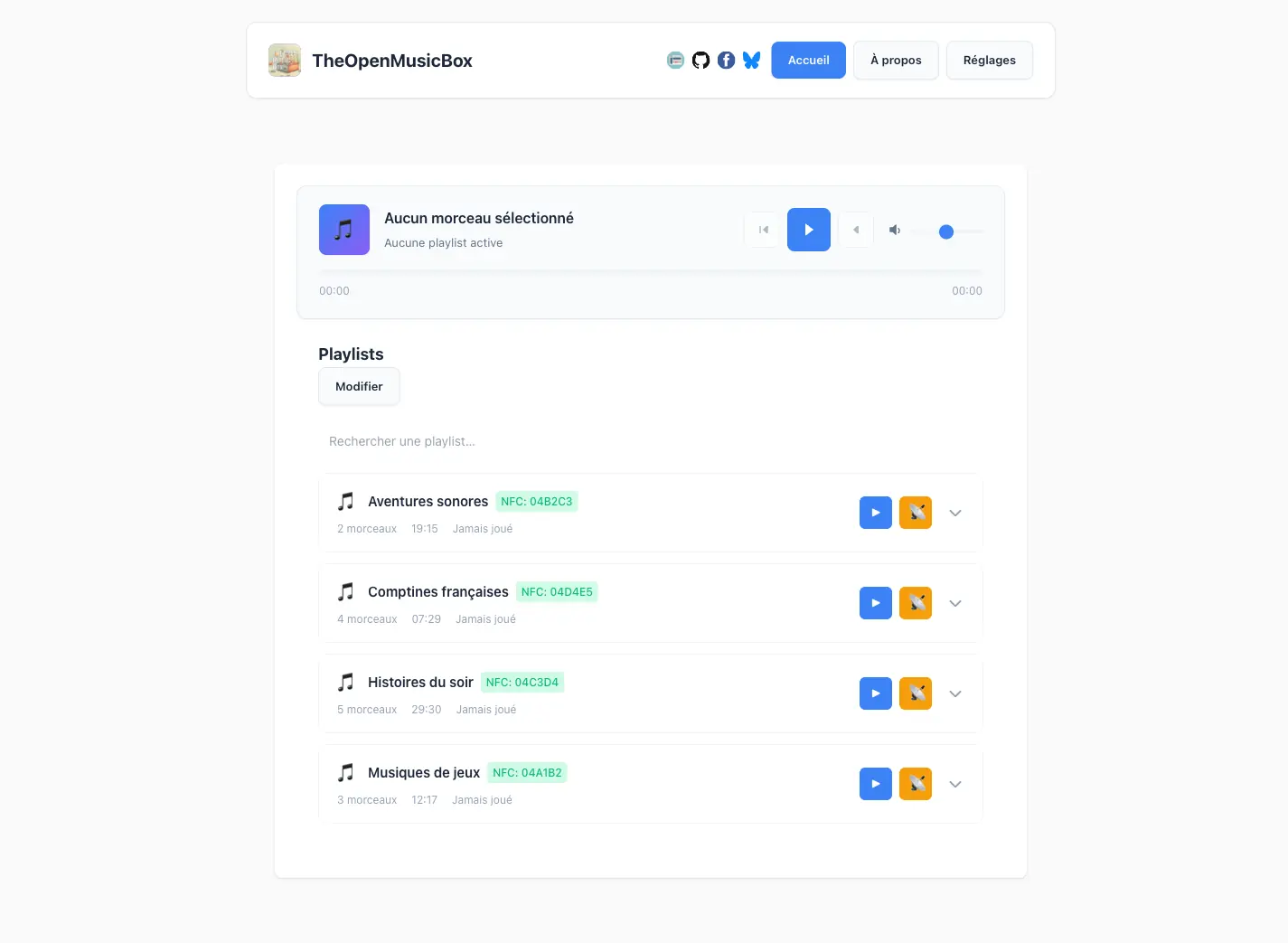 L'écran principal de l'interface web : la liste des playlists, chacune avec son tag NFC associé et le nombre de morceaux.