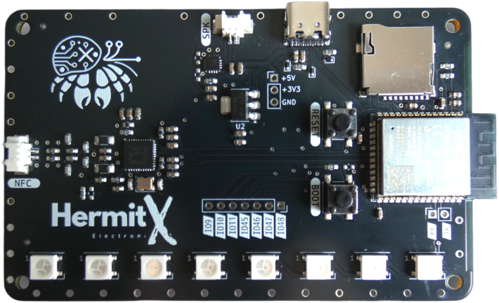 HermitX-Platine von oben, mit markierten Anschlusspunkten